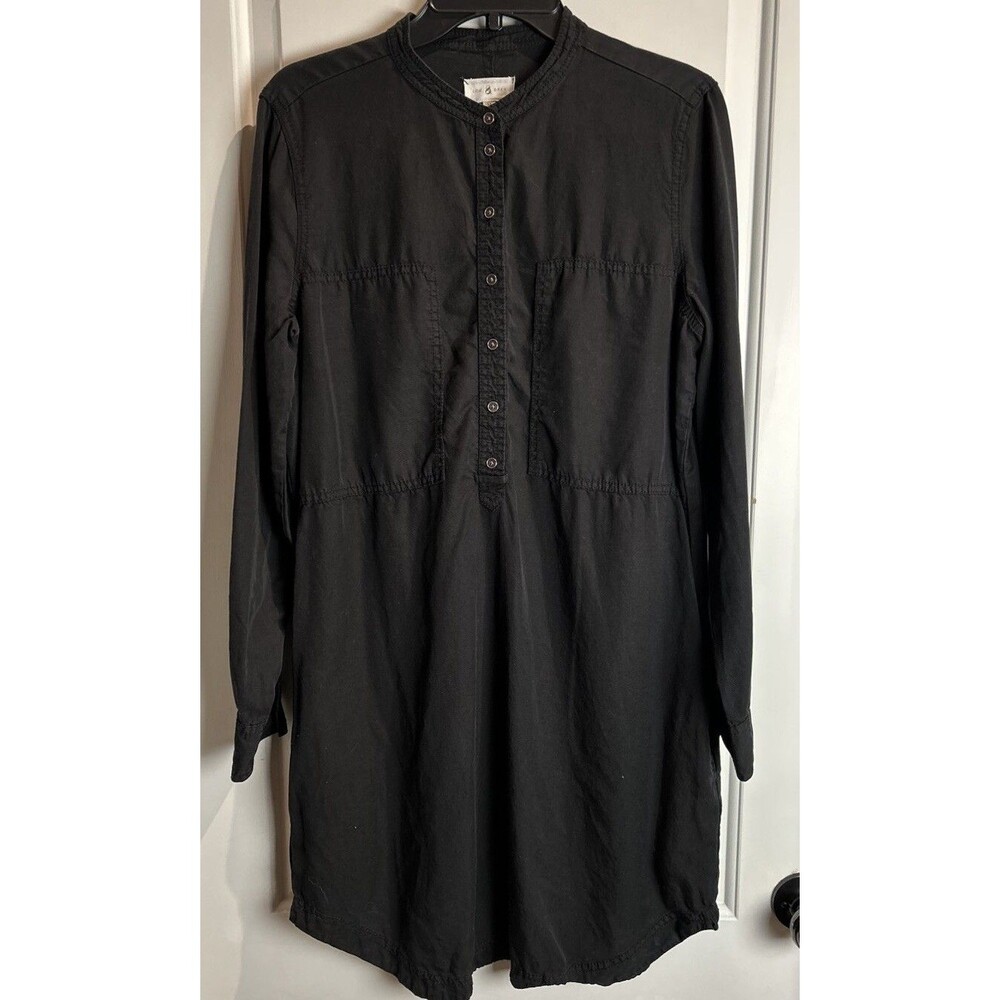 Lou & Grey Black Collarless Shirt Dress Pockets Size Medium Loose Fit Boho